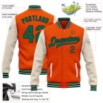 Personalized Orange Kelly Green Black-Cream Bomber Full-Snap Varsity Letterman Two Tone Jacket Team Custom Name and Number