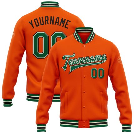 Personalized Orange Kelly Green Cream-Black Bomber Full-Snap Varsity Letterman Jacket Team Custom Name and Number