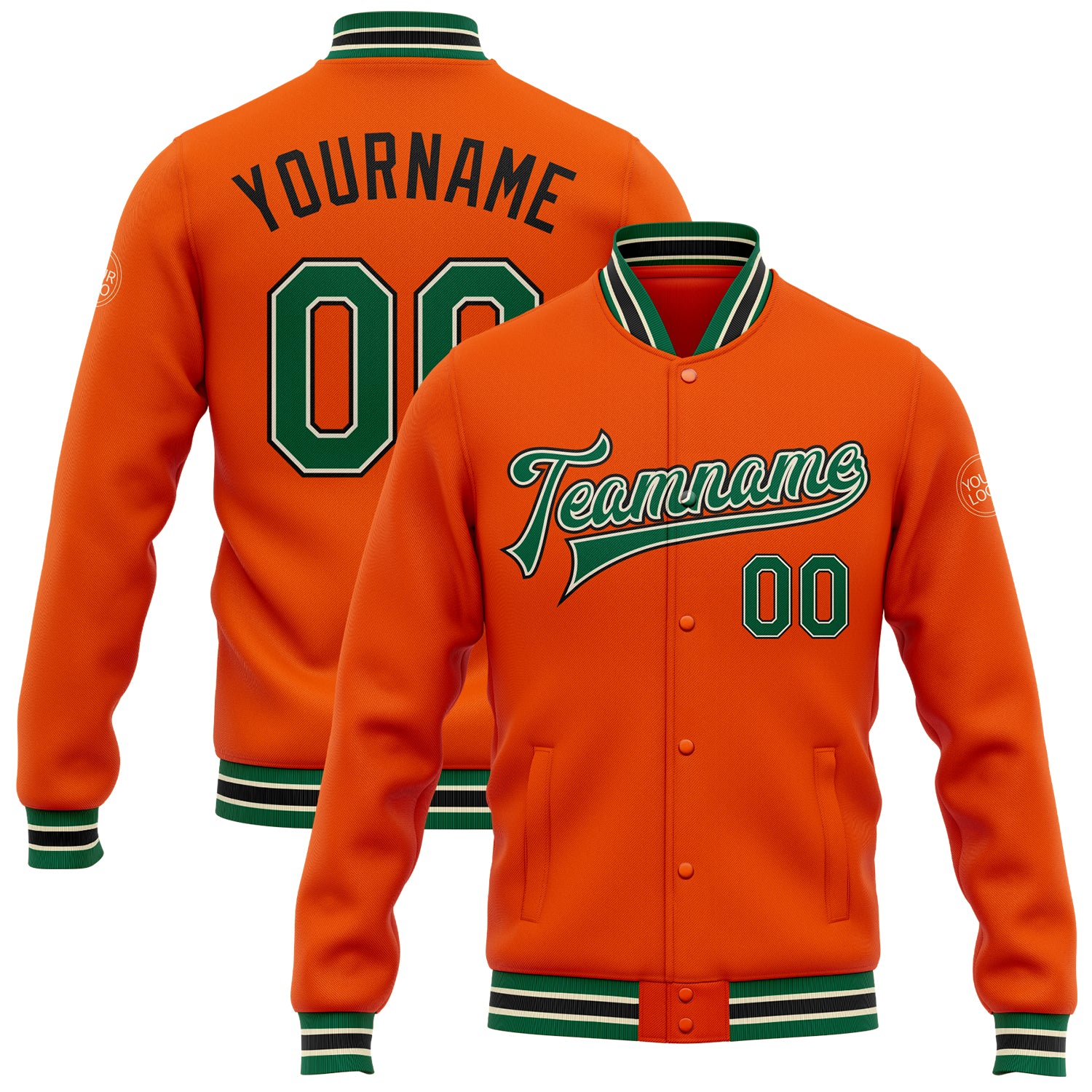 Personalized Orange Kelly Green Cream-Black Bomber Full-Snap Varsity Letterman Jacket Team Custom Name and Number