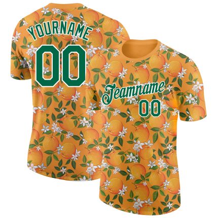 Personalized Orange Kelly Green-White 3D Pattern Design Orange Citrus Fruit Performance T-Shirt Team Custom Name and Number