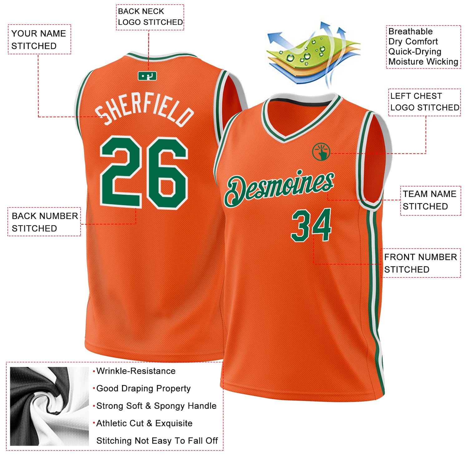 Personalized Orange Kelly Green-White Authentic Throwback Basketball Jersey Personalized Orange Kelly Green-White Authentic Throwback Basketball Jersey - Image 3