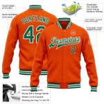 Personalized Orange Kelly Green-White Bomber Full-Snap Varsity Letterman Jacket Team Custom Name and Number