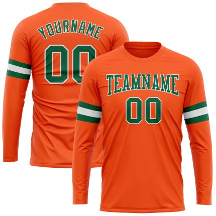 Personalized Orange Kelly Green-White Long Sleeve Performance T-Shirt Team Custom Name and Number