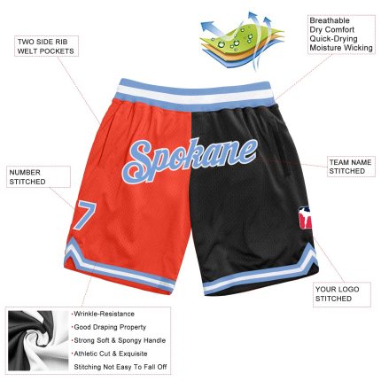 Personalized Orange Light Blue-Black Authentic Throwback Split Fashion Basketball Shorts Team Custom Name and Number