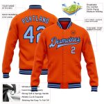 Personalized Orange Light Blue-Navy Bomber Full-Snap Varsity Letterman Jacket Team Custom Name and Number