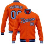 Personalized Orange Light Blue-Navy Bomber Full-Snap Varsity Letterman Jacket Team Custom Name and Number