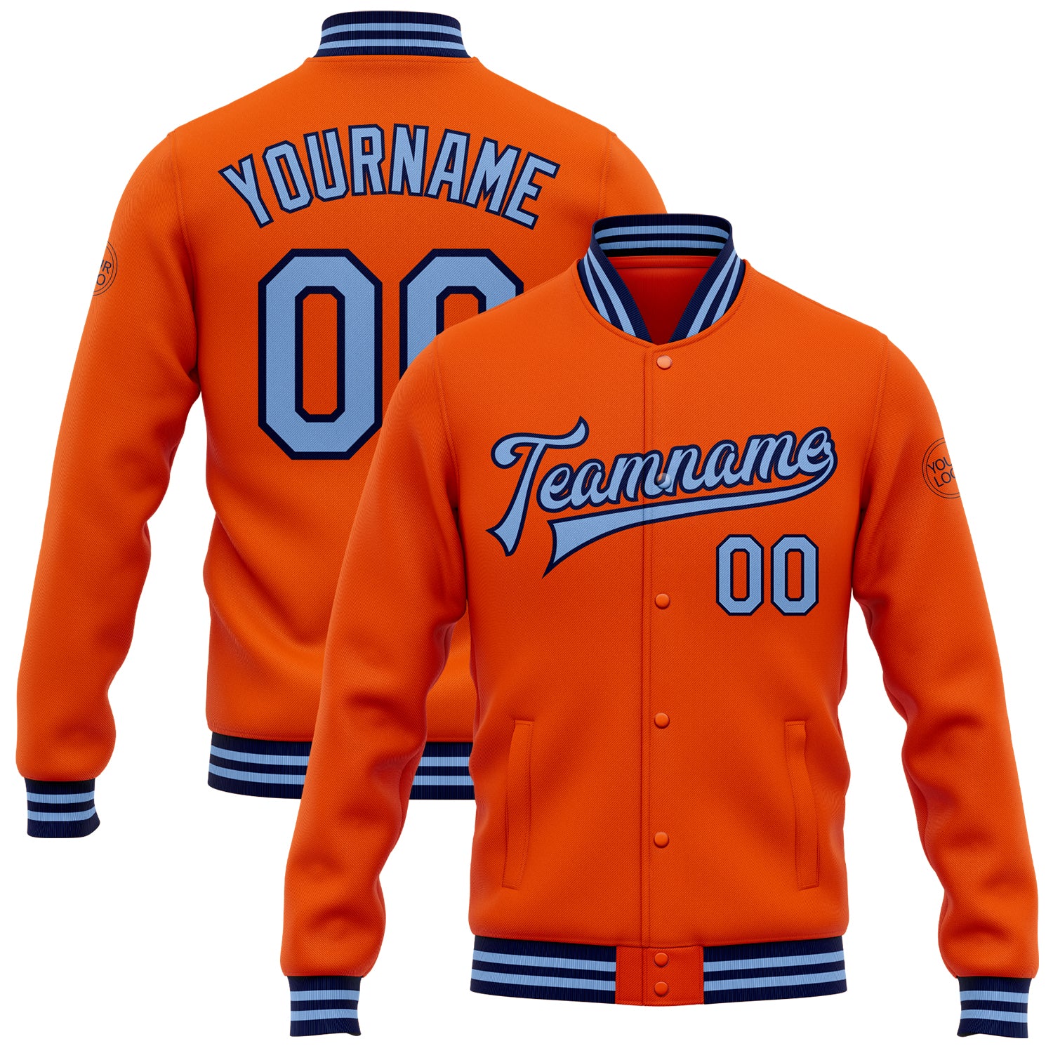 Personalized Orange Light Blue-Navy Bomber Full-Snap Varsity Letterman Jacket Team Custom Name and Number