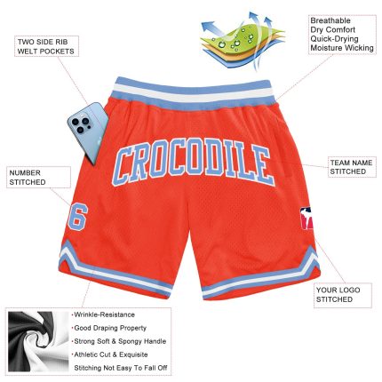 Personalized Orange Light Blue-White Authentic Throwback Basketball Shorts Team Custom Name and Number
