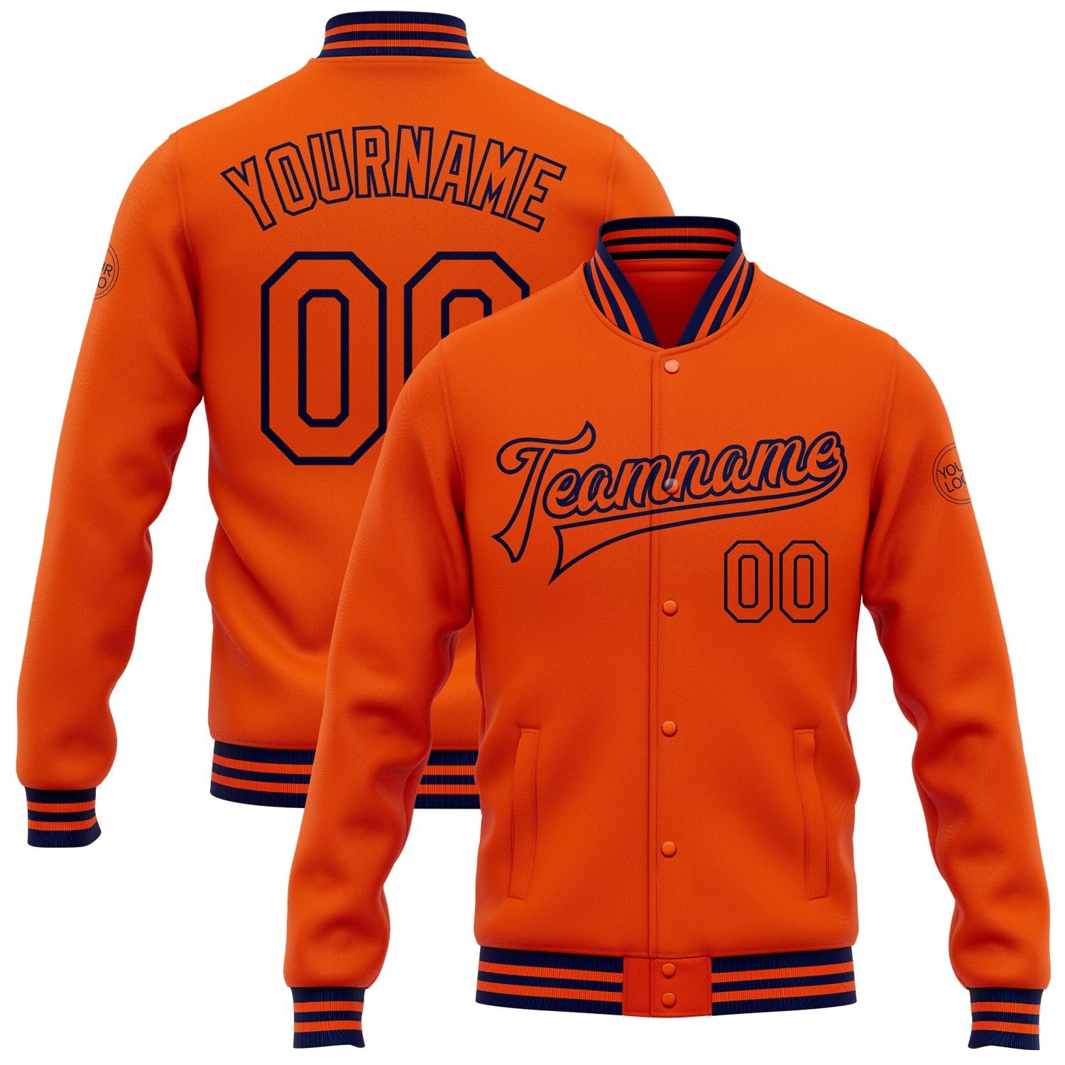 Personalized Orange Navy Bomber Full-Snap Varsity Letterman Jacket Team Custom Name and Number