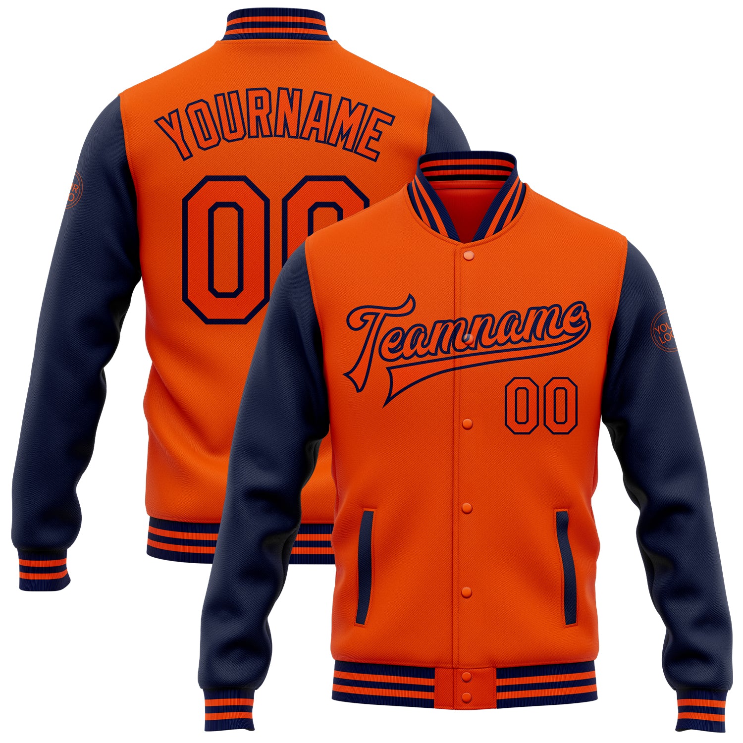 Personalized Orange Navy Bomber Full-Snap Varsity Letterman Two Tone Jacket Team Custom Name and Number
