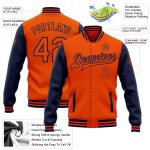 Personalized Orange Navy Bomber Full-Snap Varsity Letterman Two Tone Jacket Team Custom Name and Number