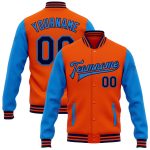 Personalized Orange Navy-Electric Blue Bomber Full-Snap Varsity Letterman Two Tone Jacket Team Custom Name and Number