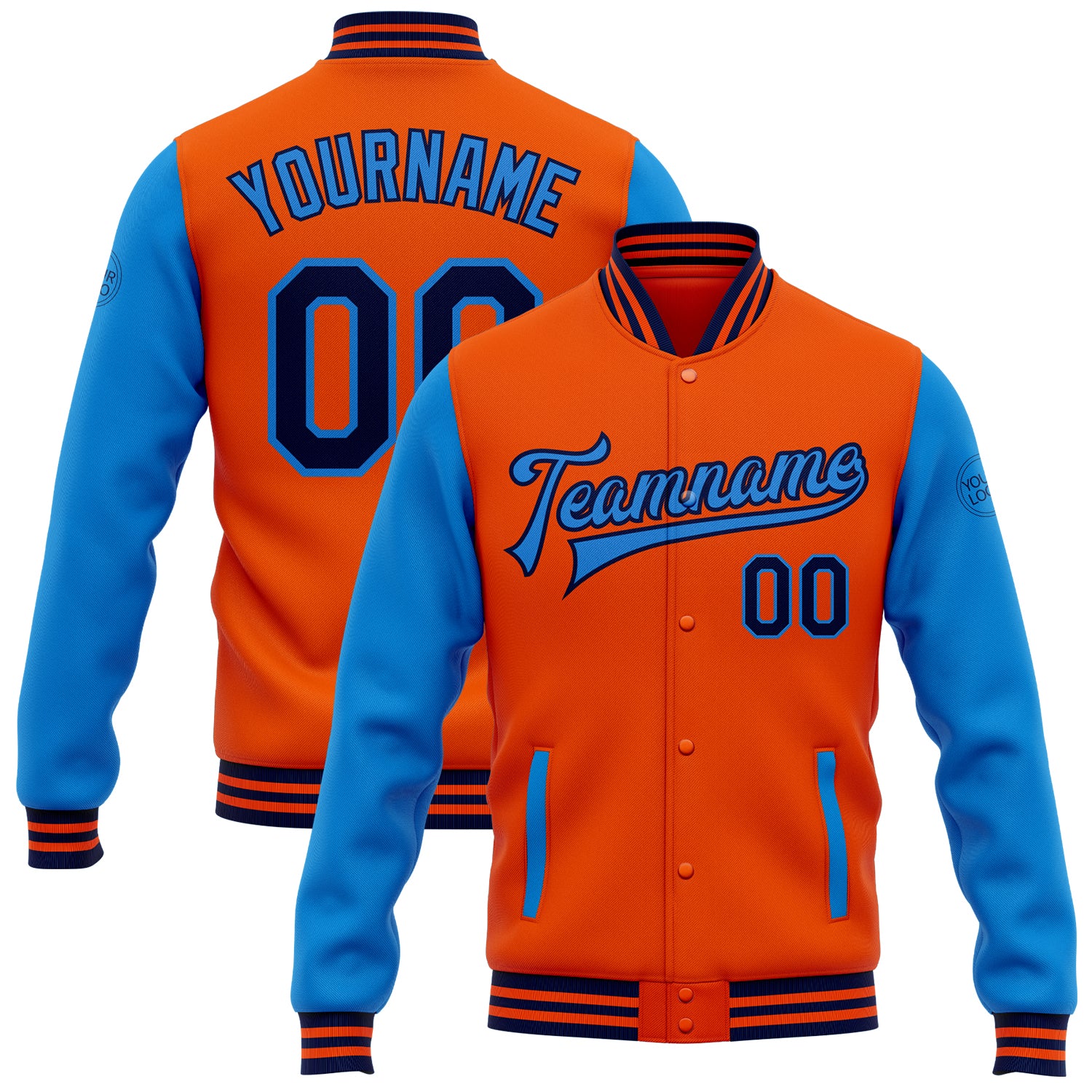 Personalized Orange Navy-Electric Blue Bomber Full-Snap Varsity Letterman Two Tone Jacket Team Custom Name and Number