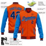 Personalized Orange Navy-Electric Blue Bomber Full-Snap Varsity Letterman Two Tone Jacket Team Custom Name and Number