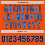 Personalized Orange Navy-Electric Blue Bomber Full-Snap Varsity Letterman Two Tone Jacket Team Custom Name and Number