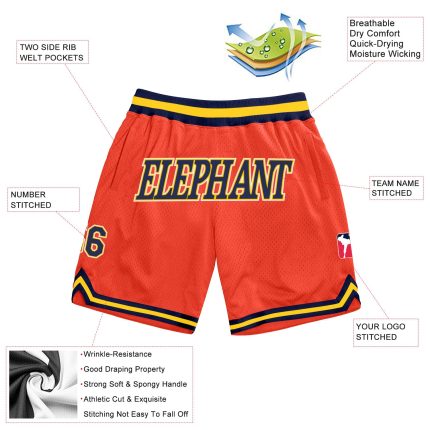 Personalized Orange Navy-Gold Authentic Throwback Basketball Shorts Team Custom Name and Number