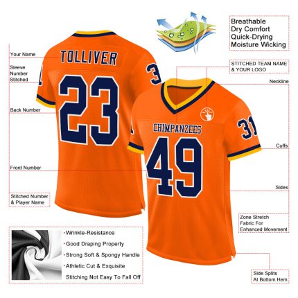 Personalized Orange Navy-Gold Mesh Authentic Throwback Football Jersey Team Custom Name and Number