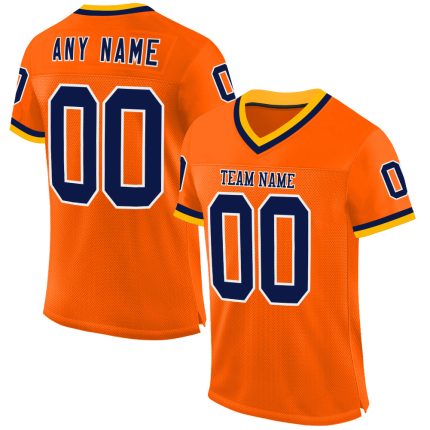 Personalized Orange Navy-Gold Mesh Authentic Throwback Football Jersey Team Custom Name and Number