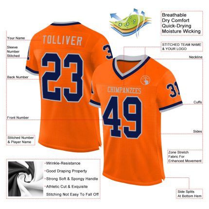 Personalized Orange Navy-Gray Mesh Authentic Throwback Football Jersey Team Custom Name and Number