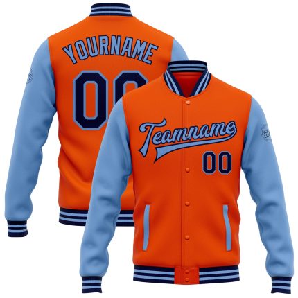 Personalized Orange Navy-Light Blue Bomber Full-Snap Varsity Letterman Two Tone Jacket Team Custom Name and Number