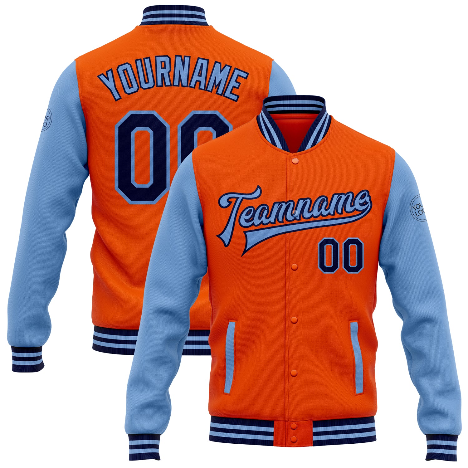 Personalized Orange Navy-Light Blue Bomber Full-Snap Varsity Letterman Two Tone Jacket Team Custom Name and Number