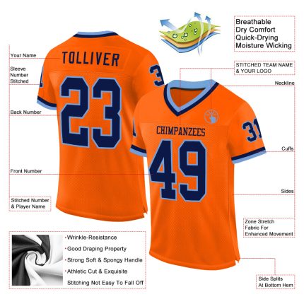 Personalized Orange Navy-Light Blue Mesh Authentic Throwback Football Jersey Team Custom Name and Number