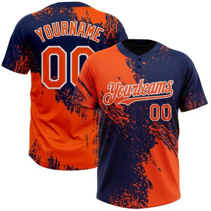 Personalized Orange Navy-White 3D Pattern Abstract Brush Stroke Two-Button Unisex Softball Jersey Team Custom Name and Number