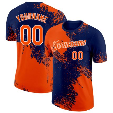 Personalized Orange Navy-White 3D Pattern Design Abstract Brush Stroke Performance T-Shirt Team Custom Name and Number