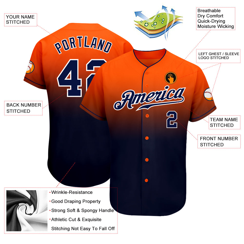 Personalized Orange Navy-White Authentic Fade Fashion Baseball Jersey Team Custom Name and Number Personalized Orange Navy-White Authentic Fade Fashion Baseball Jersey Team Custom Name and Number - Image 3