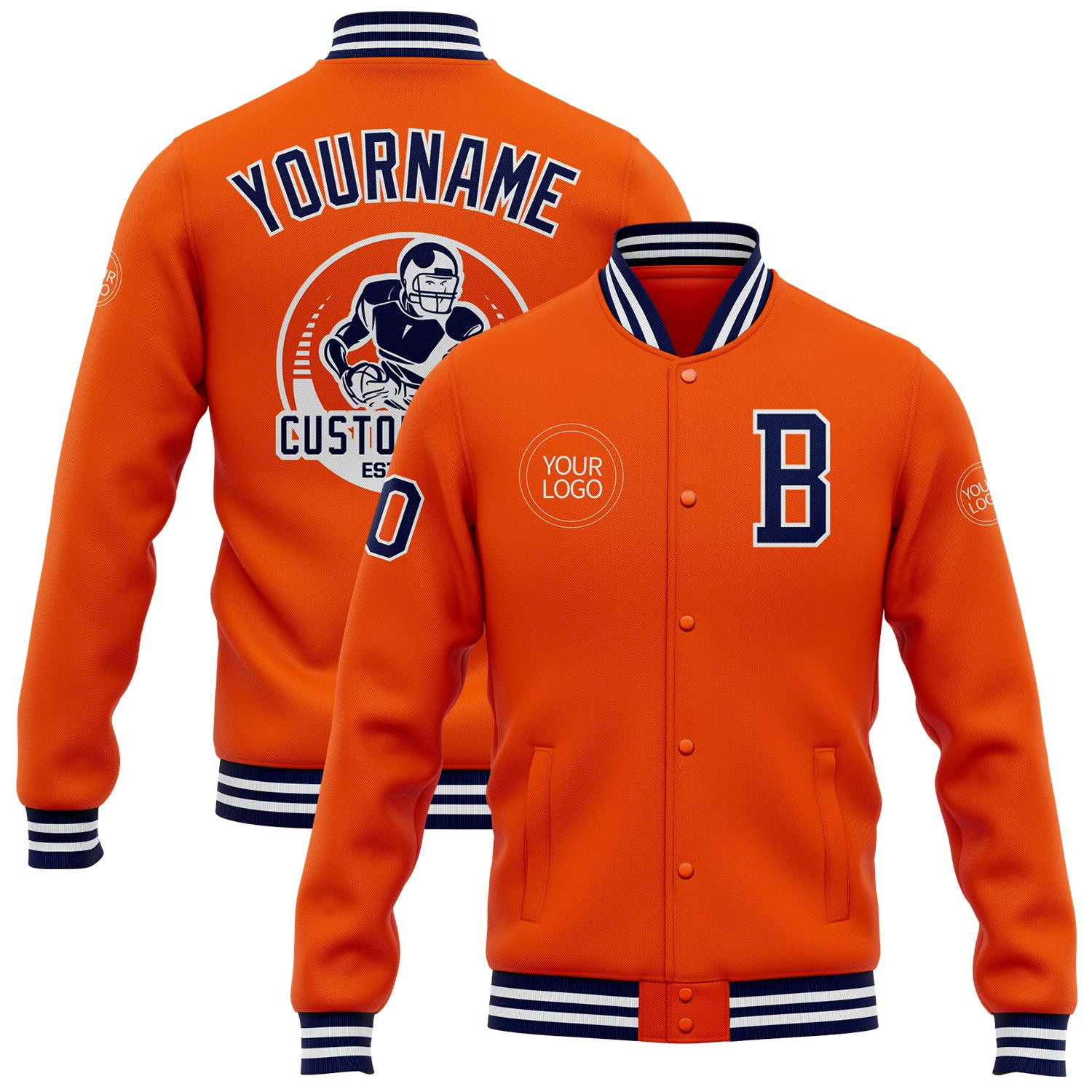 Personalized Orange Navy-White Bomber Full-Snap Varsity Letterman Jacket
