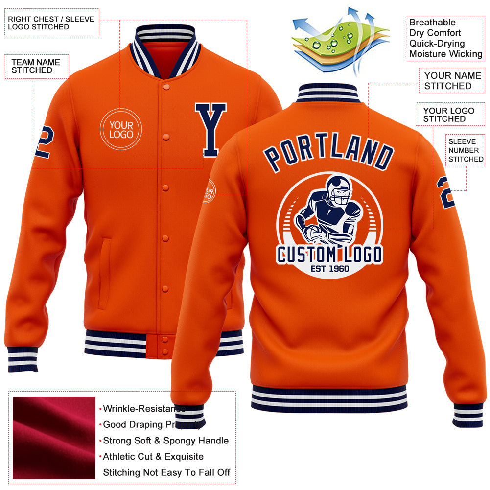 Personalized Orange Navy-White Bomber Full-Snap Varsity Letterman Jacket Personalized Orange Navy-White Bomber Full-Snap Varsity Letterman Jacket - Image 3