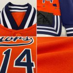Personalized Orange Navy-White Bomber Full-Snap Varsity Letterman Two Tone Jacket Team Custom Name and Number