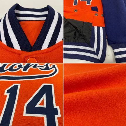 Personalized Orange Navy-White Bomber Full-Snap Varsity Letterman Two Tone Jacket Team Custom Name and Number