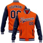 Personalized Orange Navy-White Bomber Full-Snap Varsity Letterman Two Tone Jacket Team Custom Name and Number