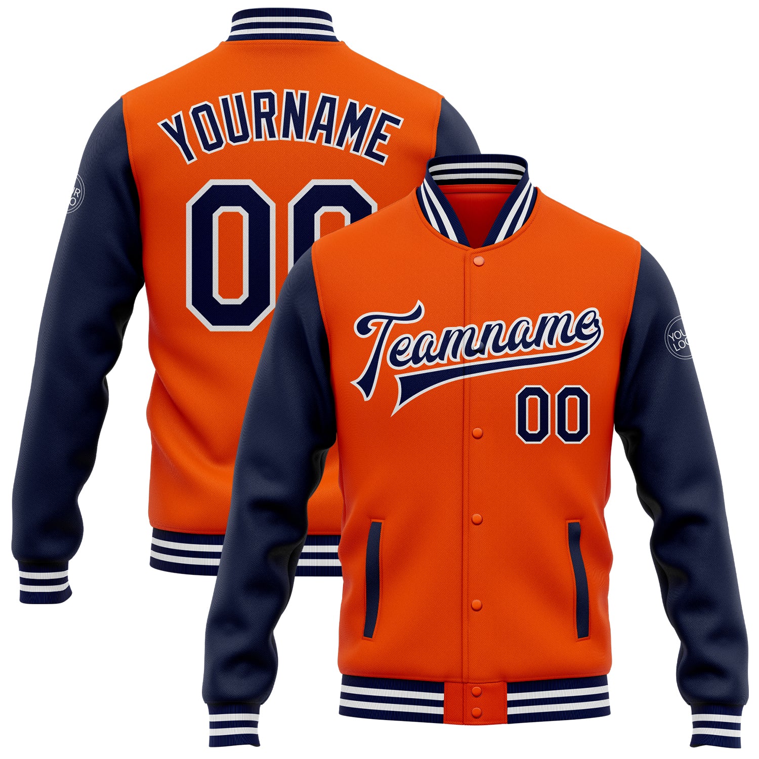 Personalized Orange Navy-White Bomber Full-Snap Varsity Letterman Two Tone Jacket Team Custom Name and Number