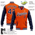 Personalized Orange Navy-White Bomber Full-Snap Varsity Letterman Two Tone Jacket Team Custom Name and Number
