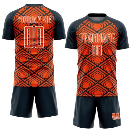 Personalized Orange Navy-White Geometric Pattern Sublimation Soccer Uniform Jersey Team Custom Name and Number