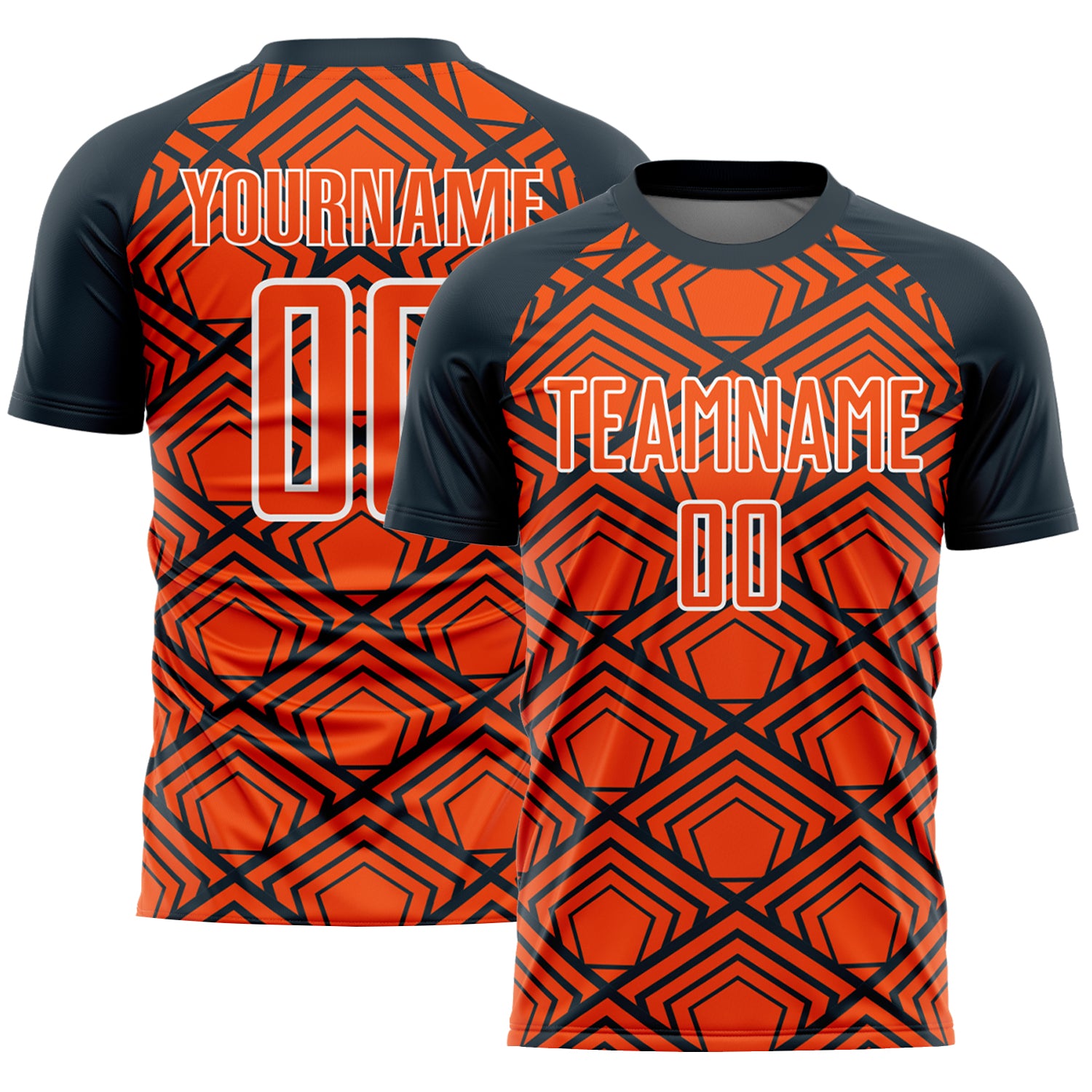 Personalized Orange Navy-White Geometric Pattern Sublimation Soccer Uniform Jersey Team Custom Name and Number