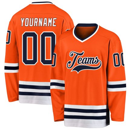 Personalized Orange Navy-White Hockey Jersey Team Custom Name and Number