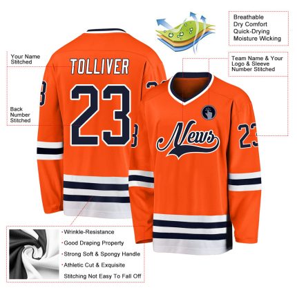 Personalized Orange Navy-White Hockey Jersey Team Custom Name and Number