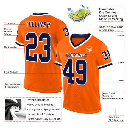 Personalized Orange Navy-White Mesh Authentic Throwback Football Jersey Team Custom Name and Number