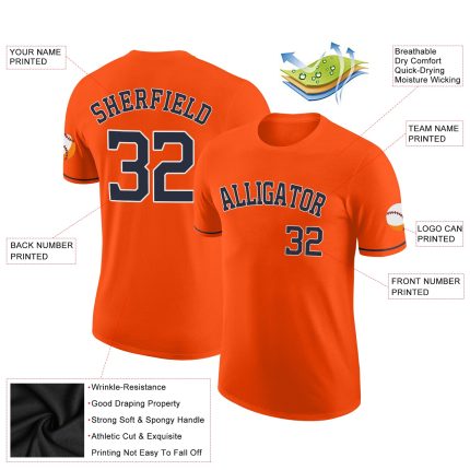 Personalized Orange Navy-White Performance T-Shirt Team Custom Name and Number