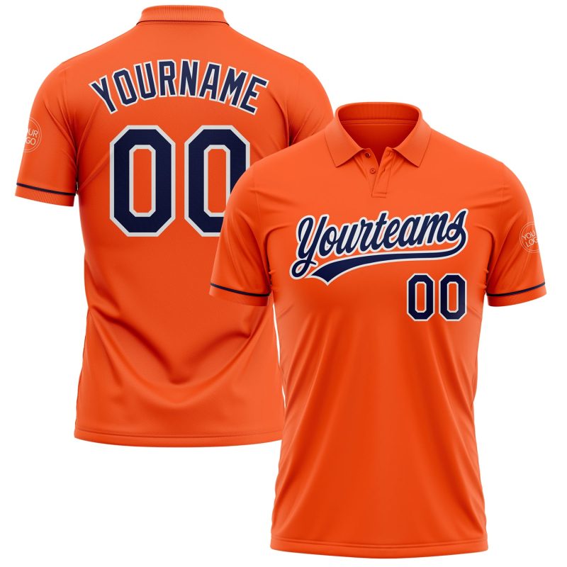 Personalized Orange Navy-White Performance Vapor Golf Polo Shirt Team Custom Name and Number