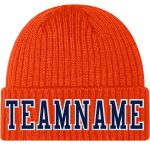 Personalized Orange Navy-White Stitched Cuffed Knit Hat Team Custom Name and Number