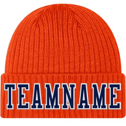 Personalized Orange Navy-White Stitched Cuffed Knit Hat Team Custom Name and Number
