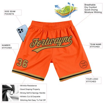 Personalized Orange Old Gold-Black Authentic Throwback Basketball Shorts Team Custom Name and Number