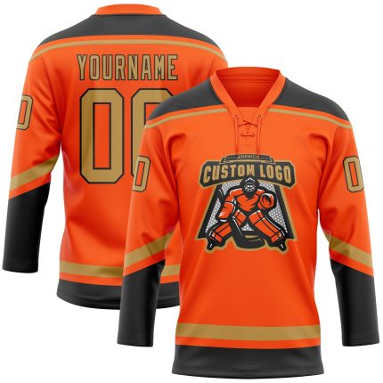 Personalized Orange Old Gold-Black Hockey Lace Neck Jersey Team Custom Name and Number