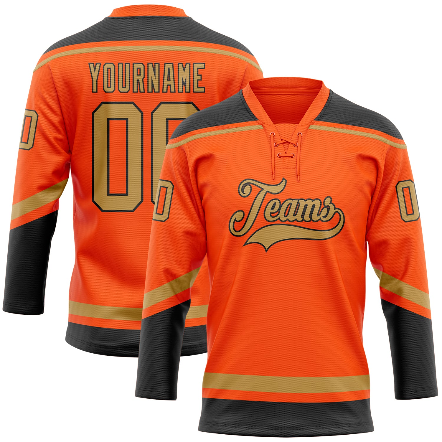 Personalized Orange Old Gold-Black Hockey Lace Neck Jersey Team Custom Name and Number