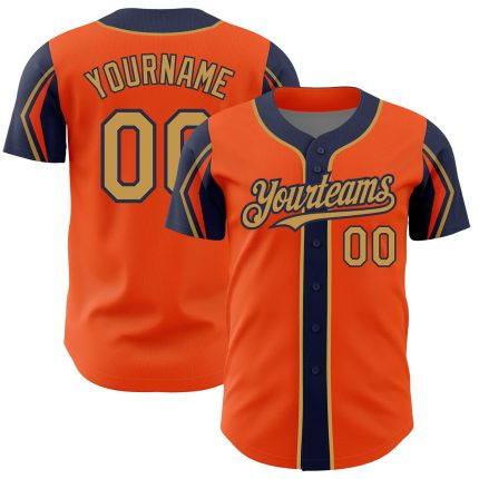 Personalized Orange Old Gold-Navy 3 Colors Arm Shapes Authentic Baseball Jersey Team Custom Name and Number