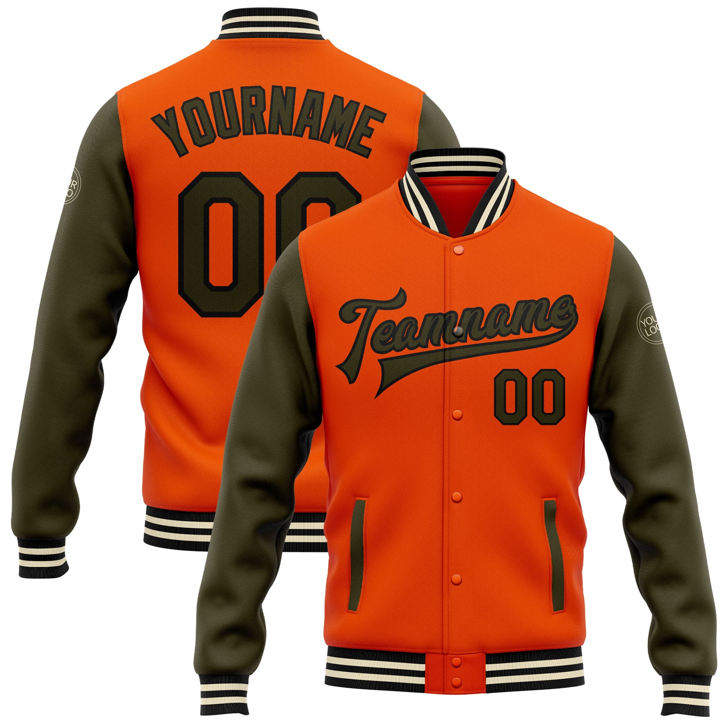 Personalized Orange Olive Black-Cream Bomber Full-Snap Varsity Letterman Two Tone Jacket Team Custom Name and Number
